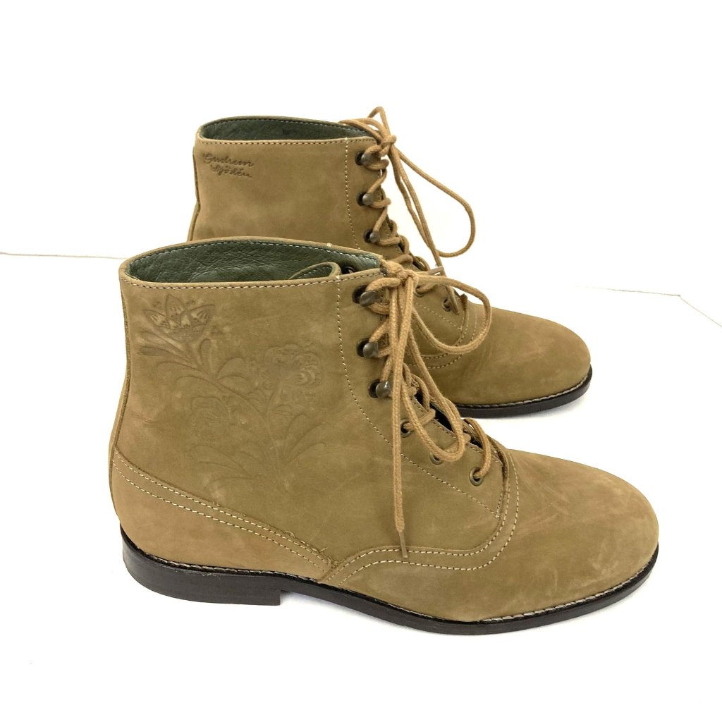 Gudrun Sjoden Suede Lace Up Embossed Boots Womens Us 6 / Eu 36 Tan Ankle Floral